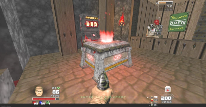 Vista en primera persona del jugador apuntando a una estación de salud brillante con una máquina tragamonedas jackpot en una habitación de madera en Doom Infinite
