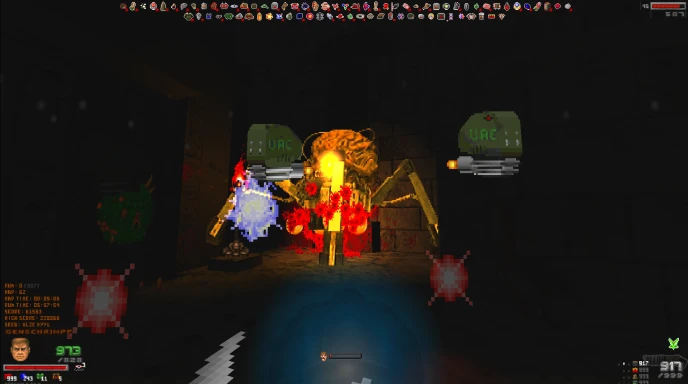 Captura de pantalla del mod Doom Infinite para Doom II mostrando pelea contra jefe Spider Mastermind con proyectiles y fuego en habitación oscura