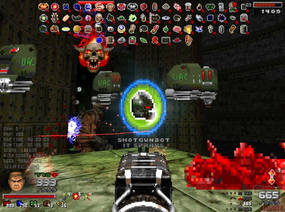 Captura del mod Doom Infinite mostrando al jugador atacando robots voladores y una calavera demoníaca en llamas en Doom II