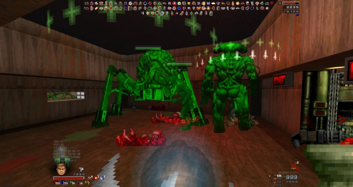Jugador luchando contra dos grandes monstruos verdes brillantes en un interior de madera con botiquines en el mod Doom Infinite