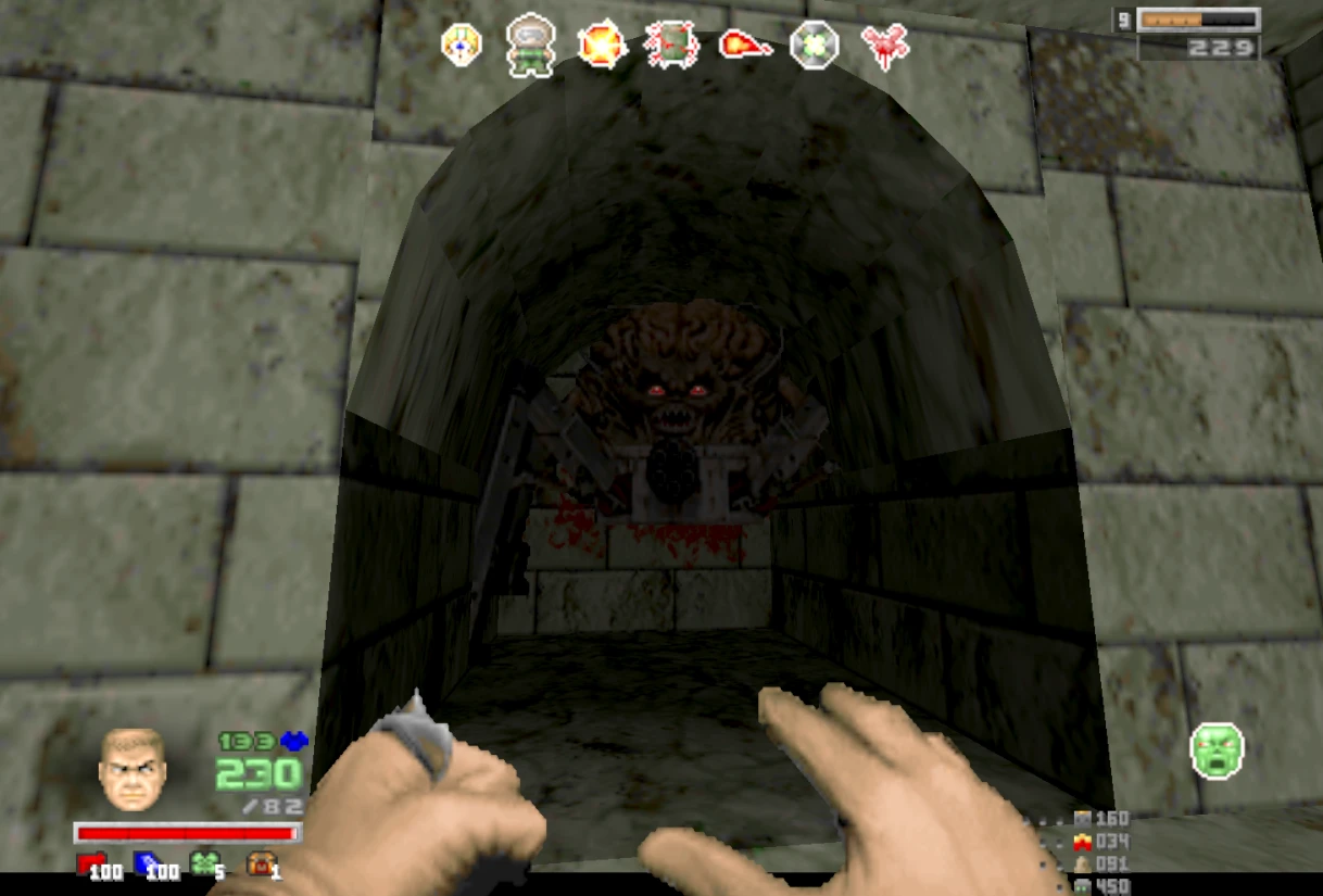 Manos del jugador listas para luchar frente a una monstruosa cabeza cibernética en un túnel de piedra en mod Doom Infinite