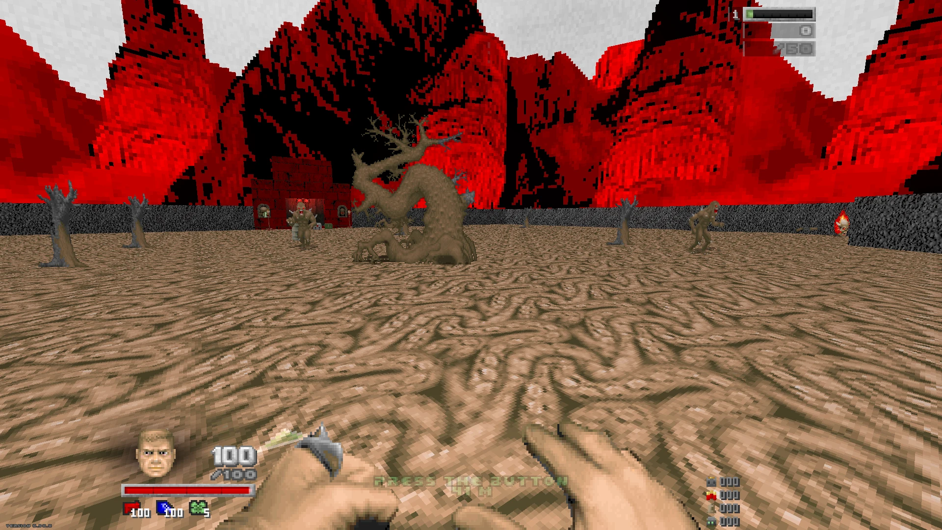 Вид от первого лица в моде Doom Infinite с руками, готовыми сражаться с демоническими существами на фоне красных скал