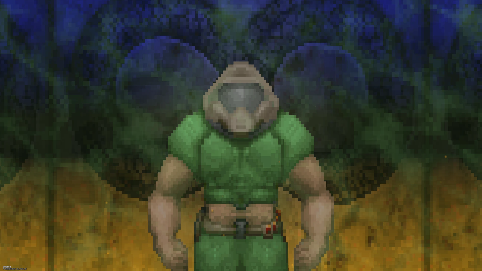Пиксельный морпех из Doom в зелёной броне, смотрящий на большие светящиеся демонические глаза в темноте