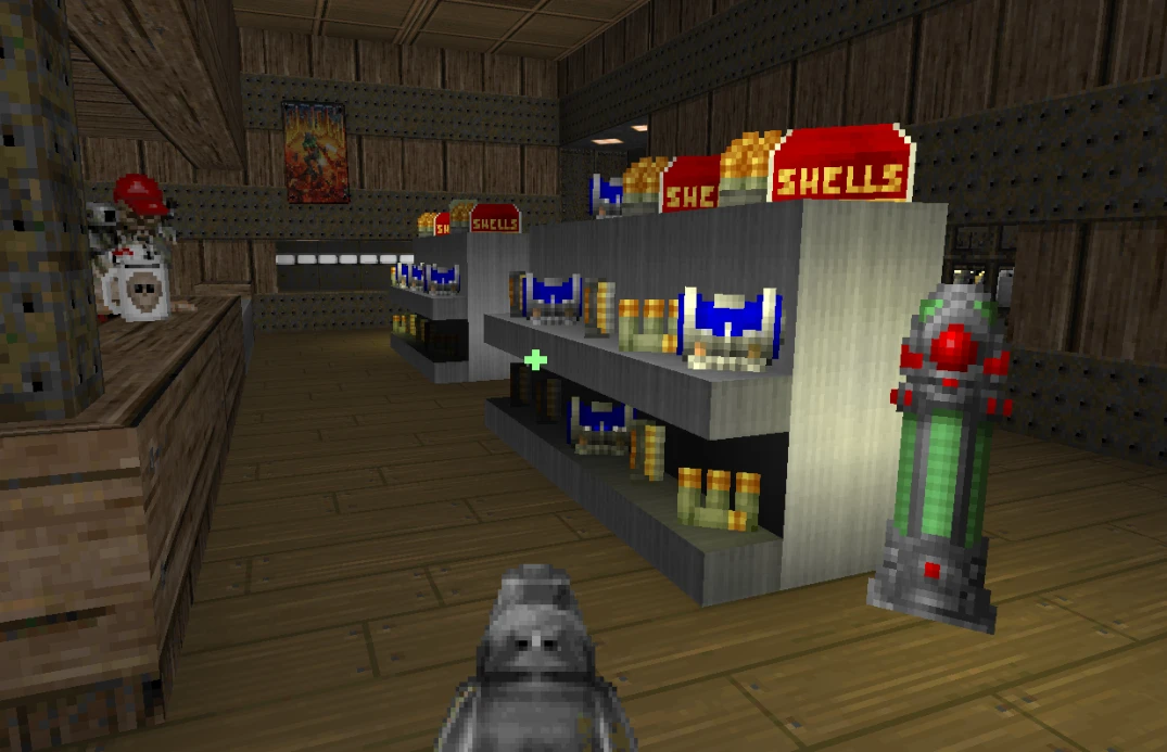 Вид от первого лица внутри деревянного магазина в моде Doom Infinite с полками боеприпасов и устройством усиления