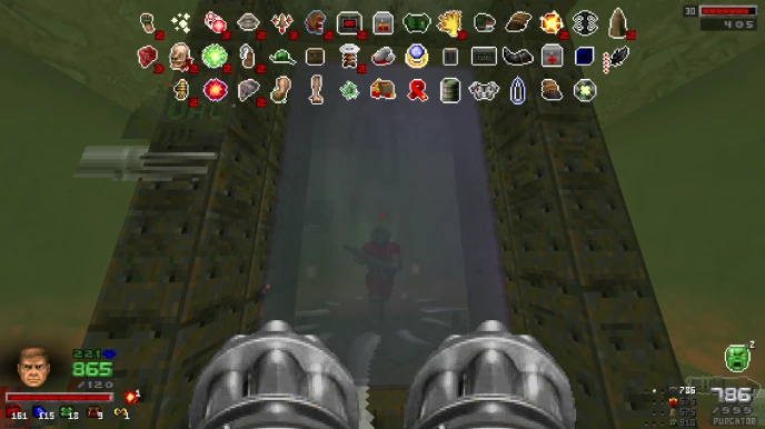 Вид от первого лица в моде Doom Infinite для Doom II с двойным пулеметом, стреляющим в коридоре