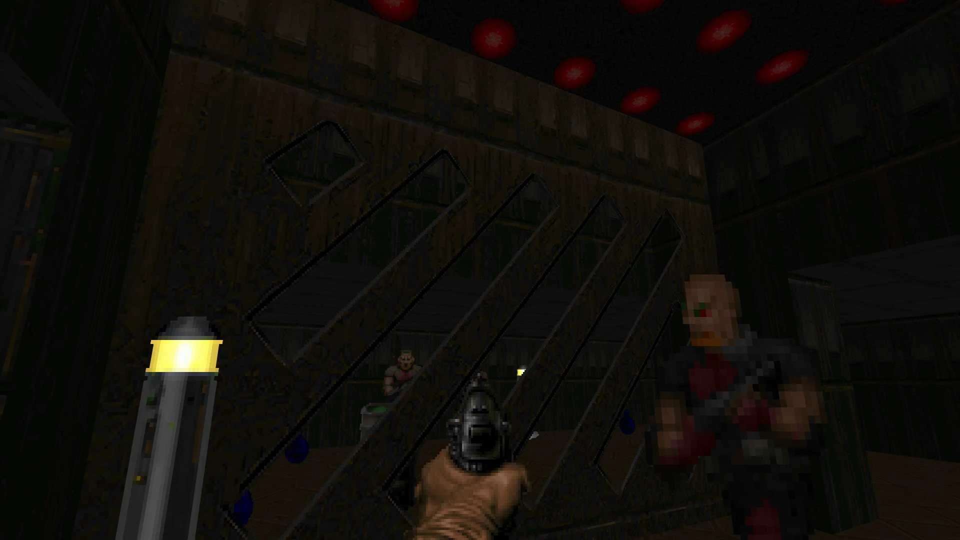 Вид від першої особи з пістолетом, приціл на піксельних ворогів у темному індустріальному оточенні Doom II з модом нейронного покращення