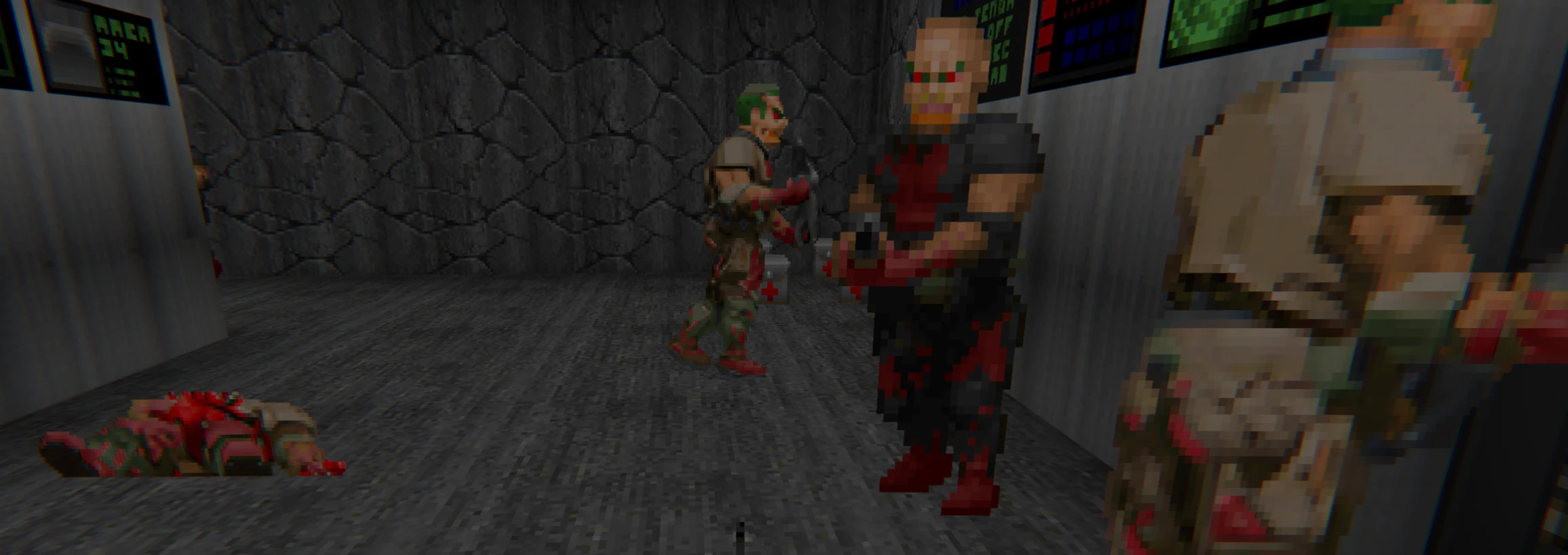 Знімок екрану Doom II з модом Neural Upscale 2X, що показує піксельних персонажів у кам'яному коридорі