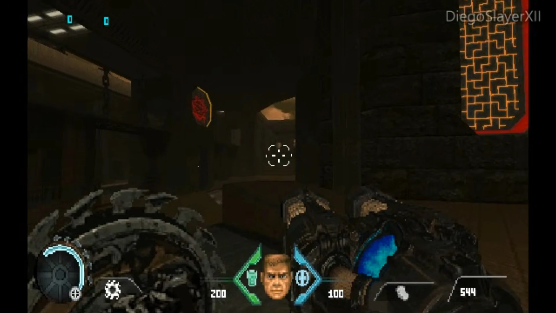 First-person view showing advanced weapon and HUD in a dark corridor in Doom II The Dark Hellforged mod
