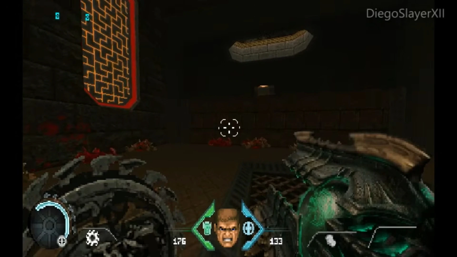 First-person view showing a futuristic weapon and dark environment in DOOM The Dark Hellforged mod