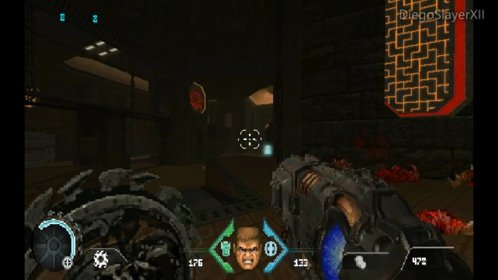 First-person view holding futuristic weapons in a dark corridor with tech and demonic decorations in Doom II mod