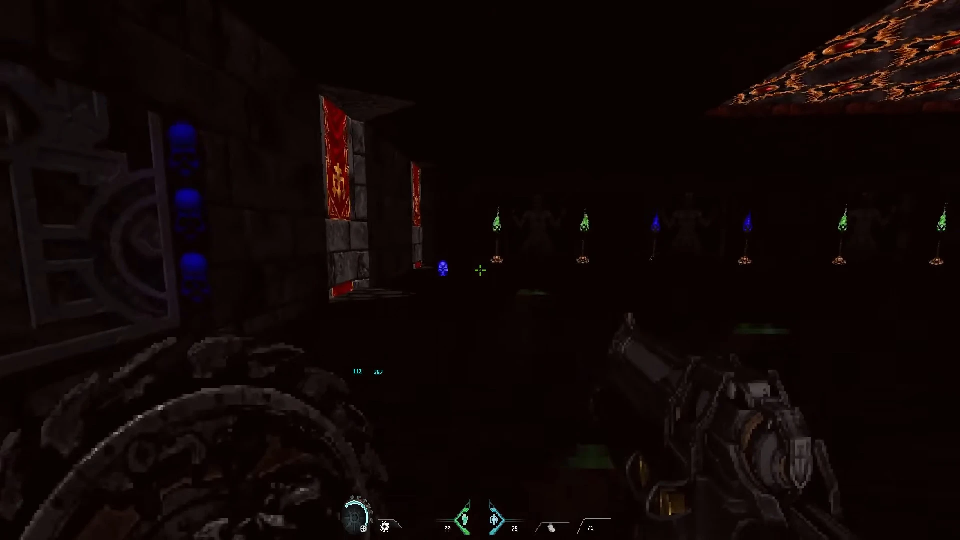 First-person view in a dark room with red banners and glowing blue and green torches from Doom II mod