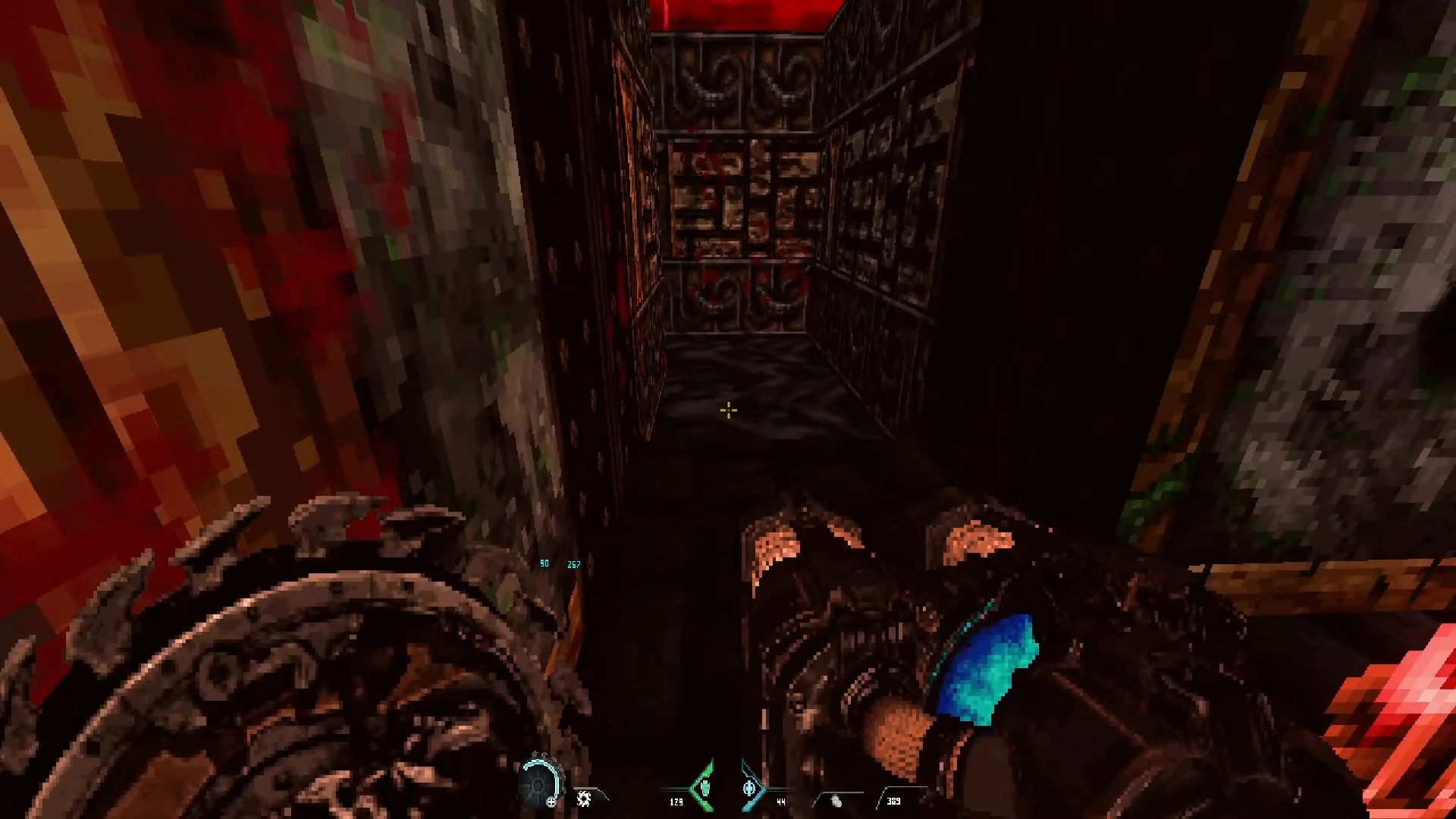 First-person view in a dark narrow corridor with textured walls and weapon visible in DOOM The Dark Hellforged mod
