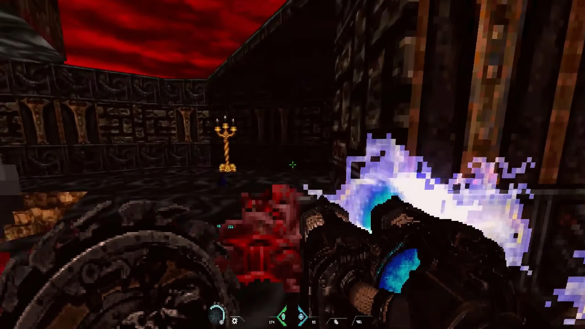 Player wields a fiery weapon in a dark, gothic environment with a fiery red sky in Doom II mod The Dark Hellforged