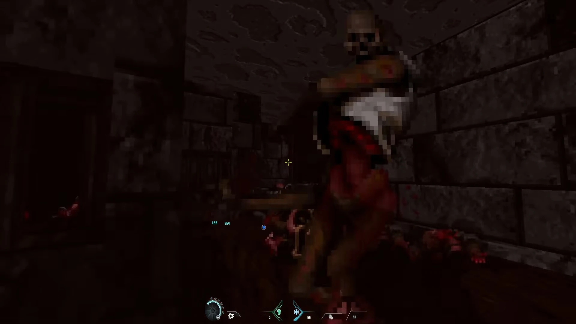 Dark corridor with player in close combat against demon with blood splatters in DOOM mod