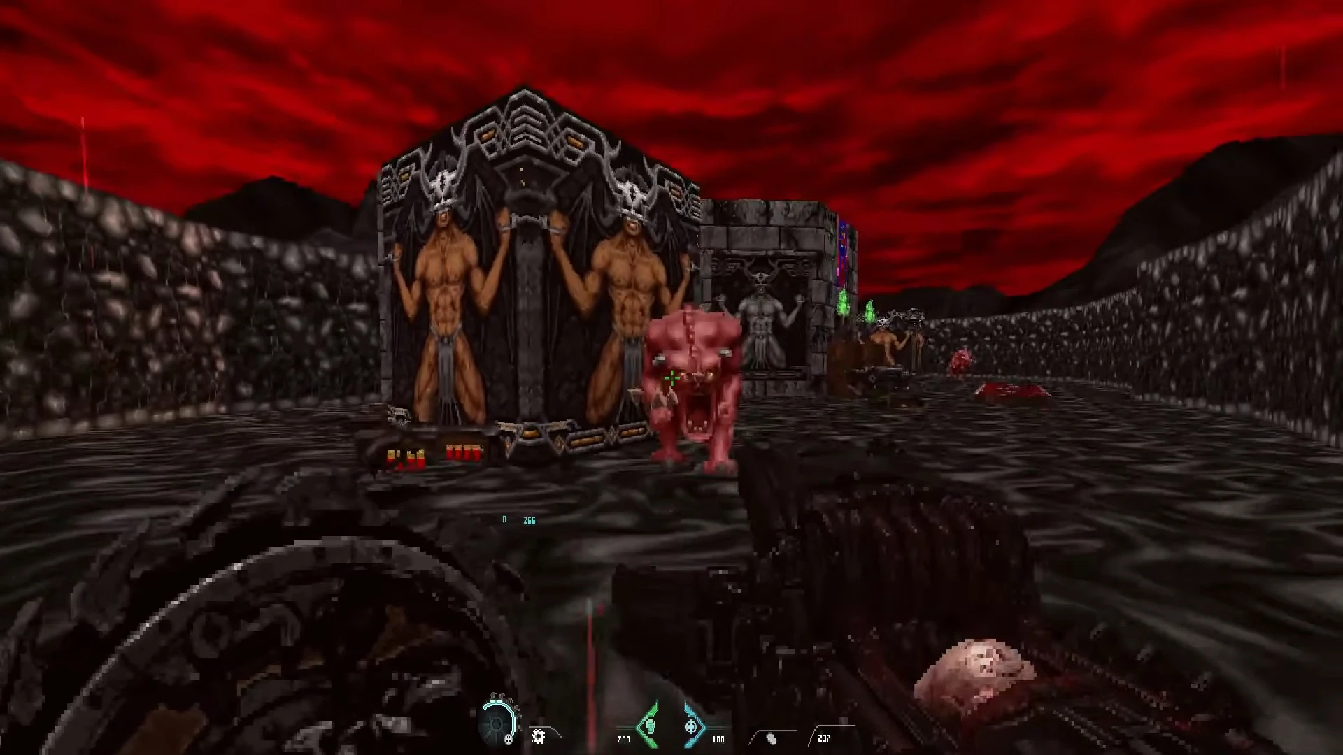In-game screenshot showing a grotesque demon advancing in a dark hellish arena with stone structures under a red sky in DOOM The Dark Hellforged
