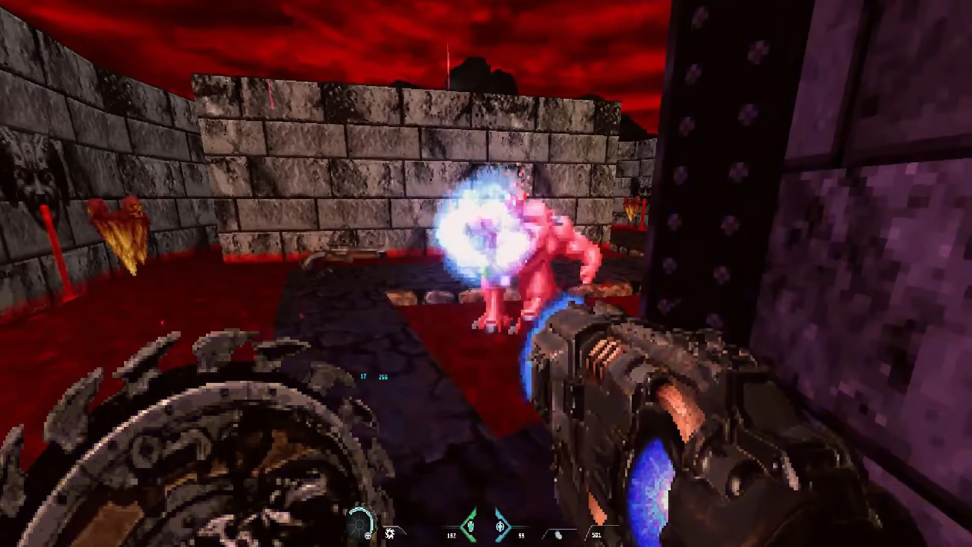 Player firing an energy weapon at a red demon near stone walls under a blood red sky in Doom II The Dark Hellforged mod