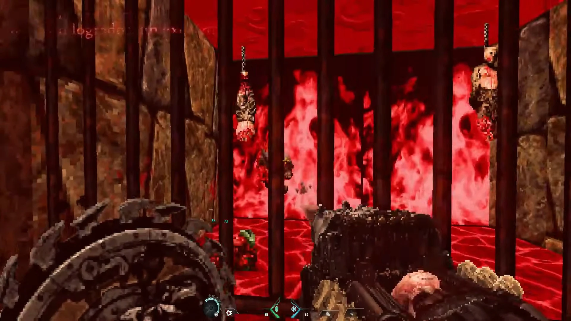 First-person view of a weapon inside a cage with hanging bodies and fiery red background in DOOM The Dark Hellforged