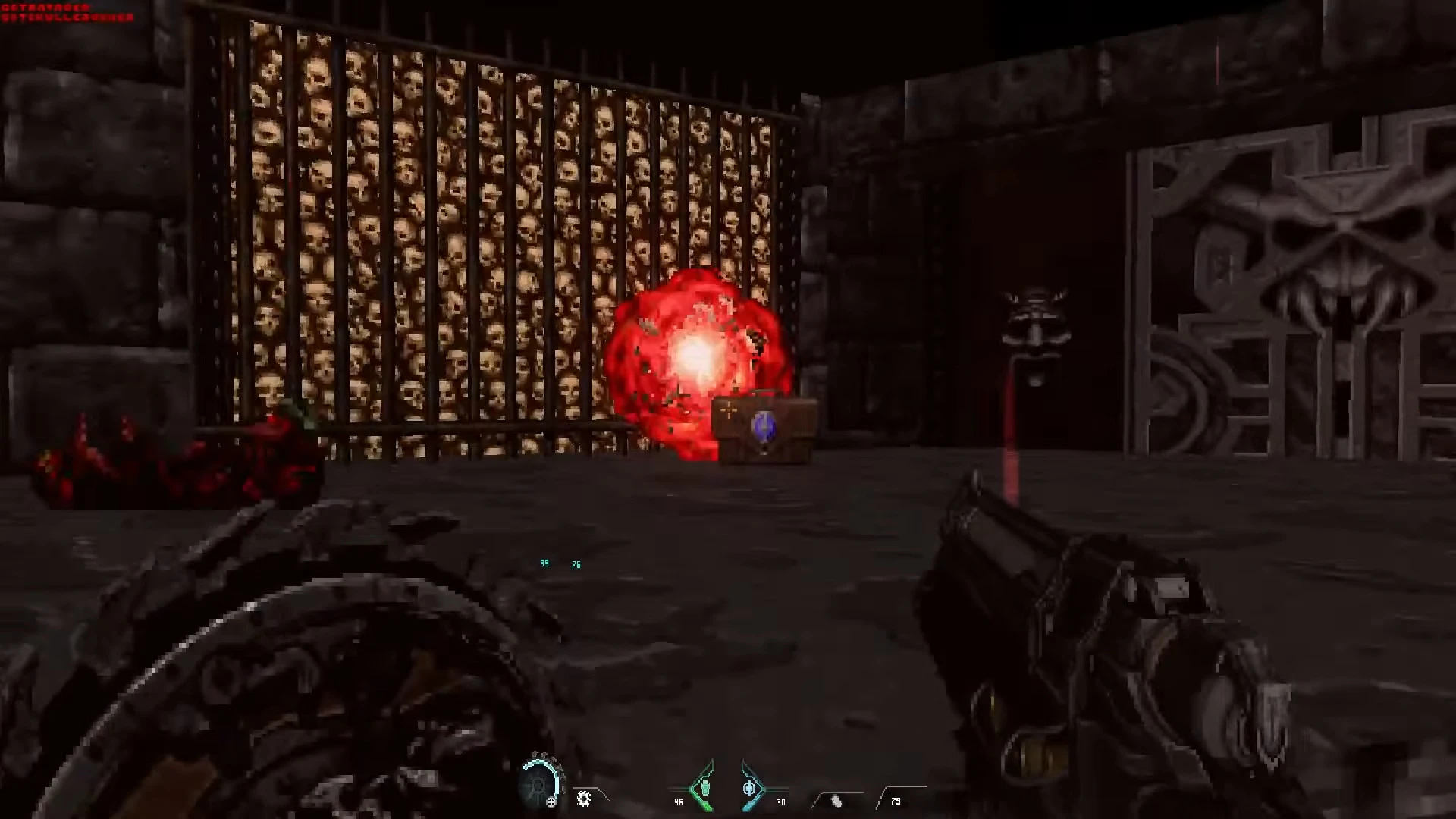 First-person view in Doom II mod showing skull-themed walls and a red fiery projectile attack