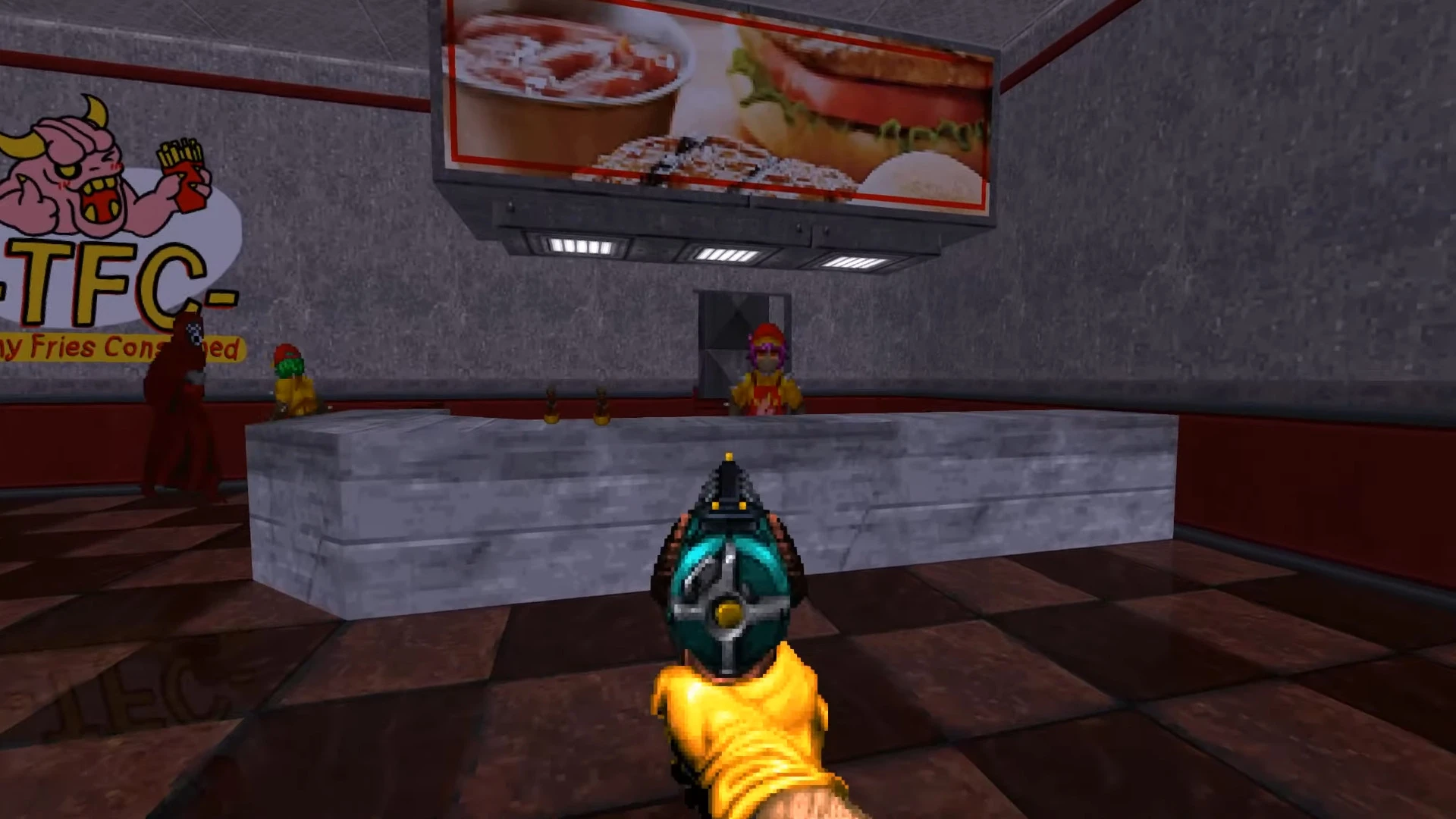 Erste-Person-Sicht auf Spieler, der Waffe auf einen Tresen mit NPCs in einem Fast-Food-Restaurant im Doom-Mod hält