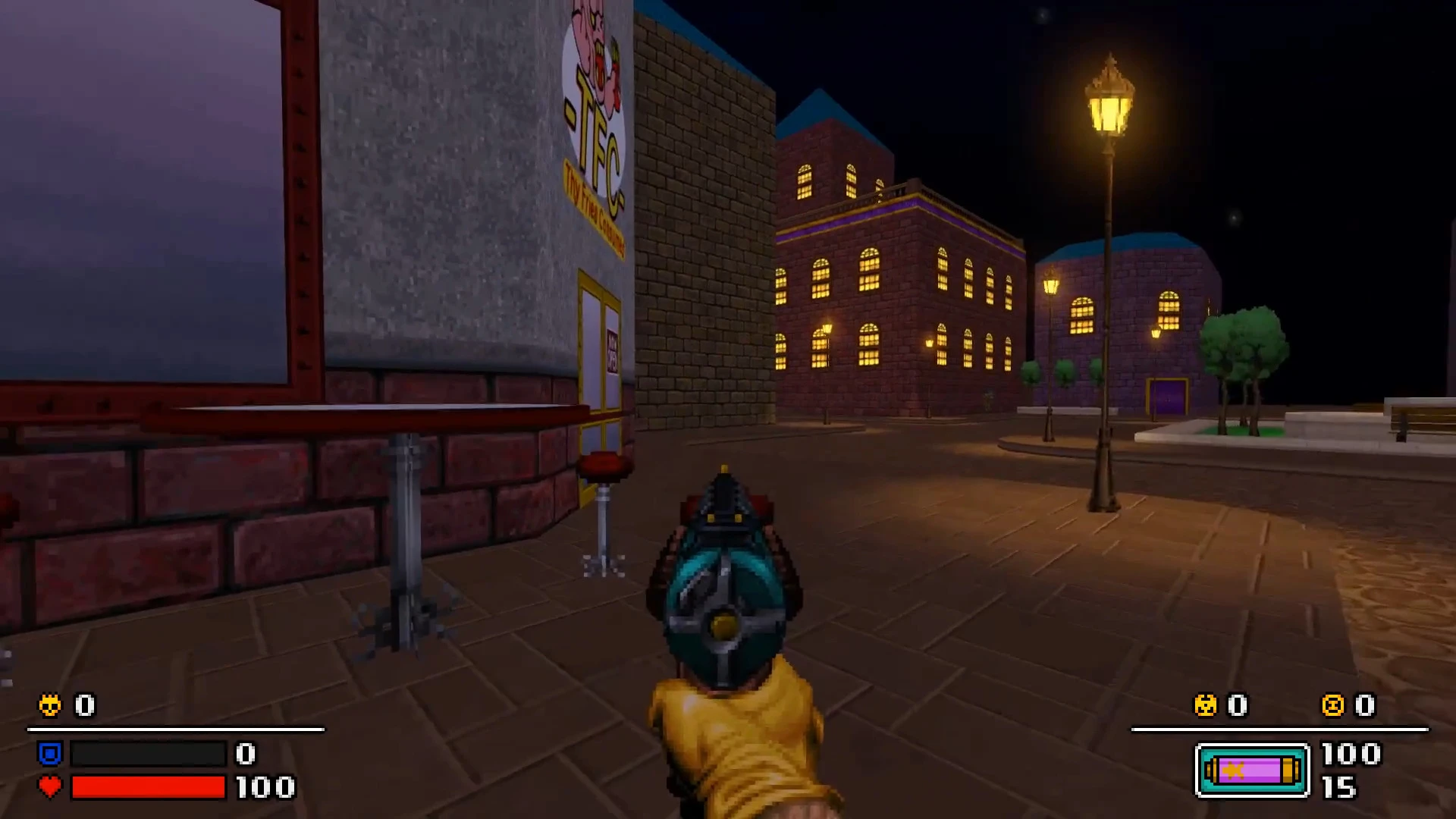 Erste-Person-Ansicht mit futuristischer Waffe auf einer gut beleuchteten Stadtstraße bei Nacht mit hohen Gebäuden und Straßenlaternen in Doom The Golden Souls 3