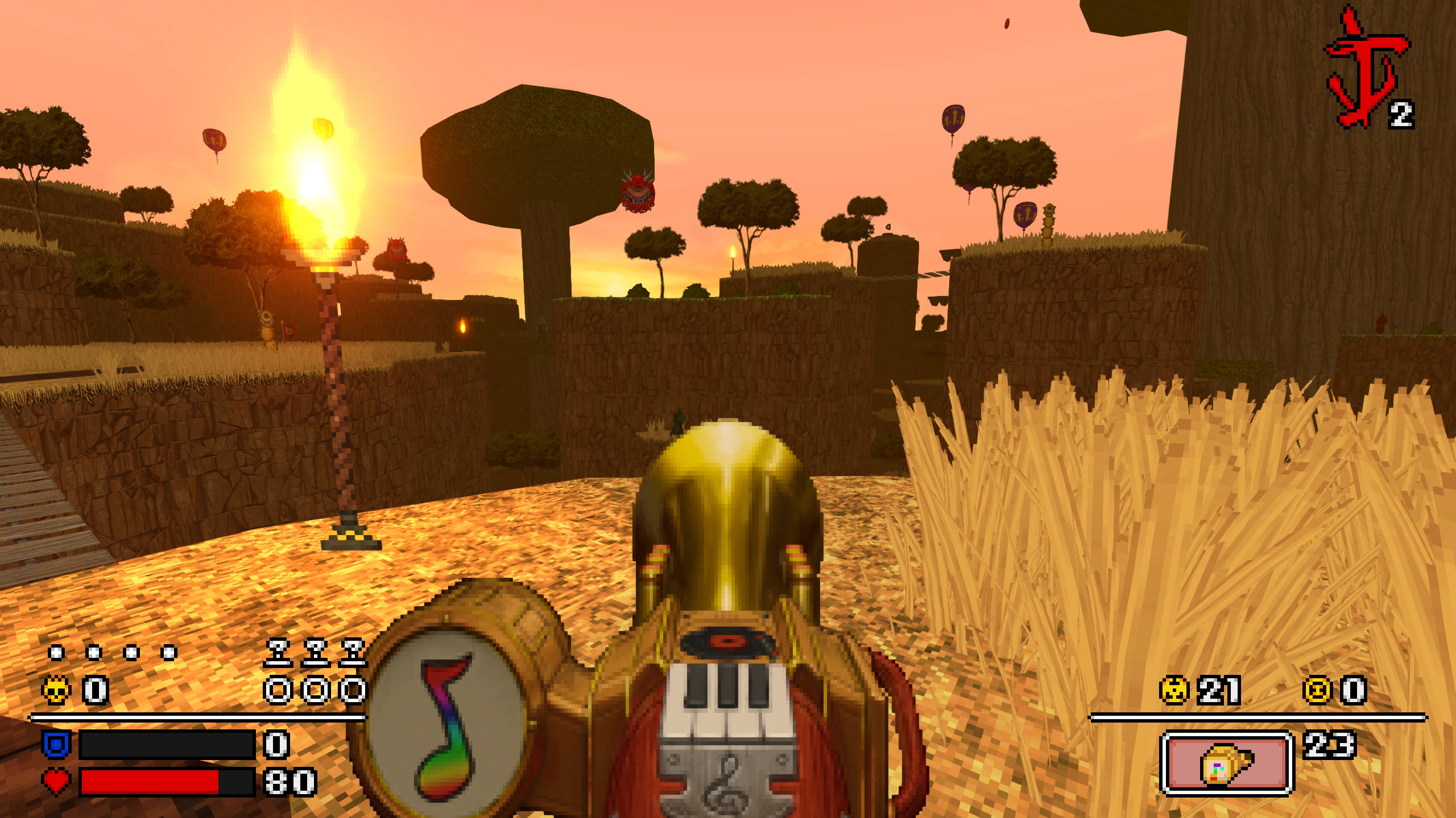 Erste-Person-Ansicht im Doom The Golden Souls 3 Mod mit pixeliger goldener Trompete und Sonnenuntergangslandschaft