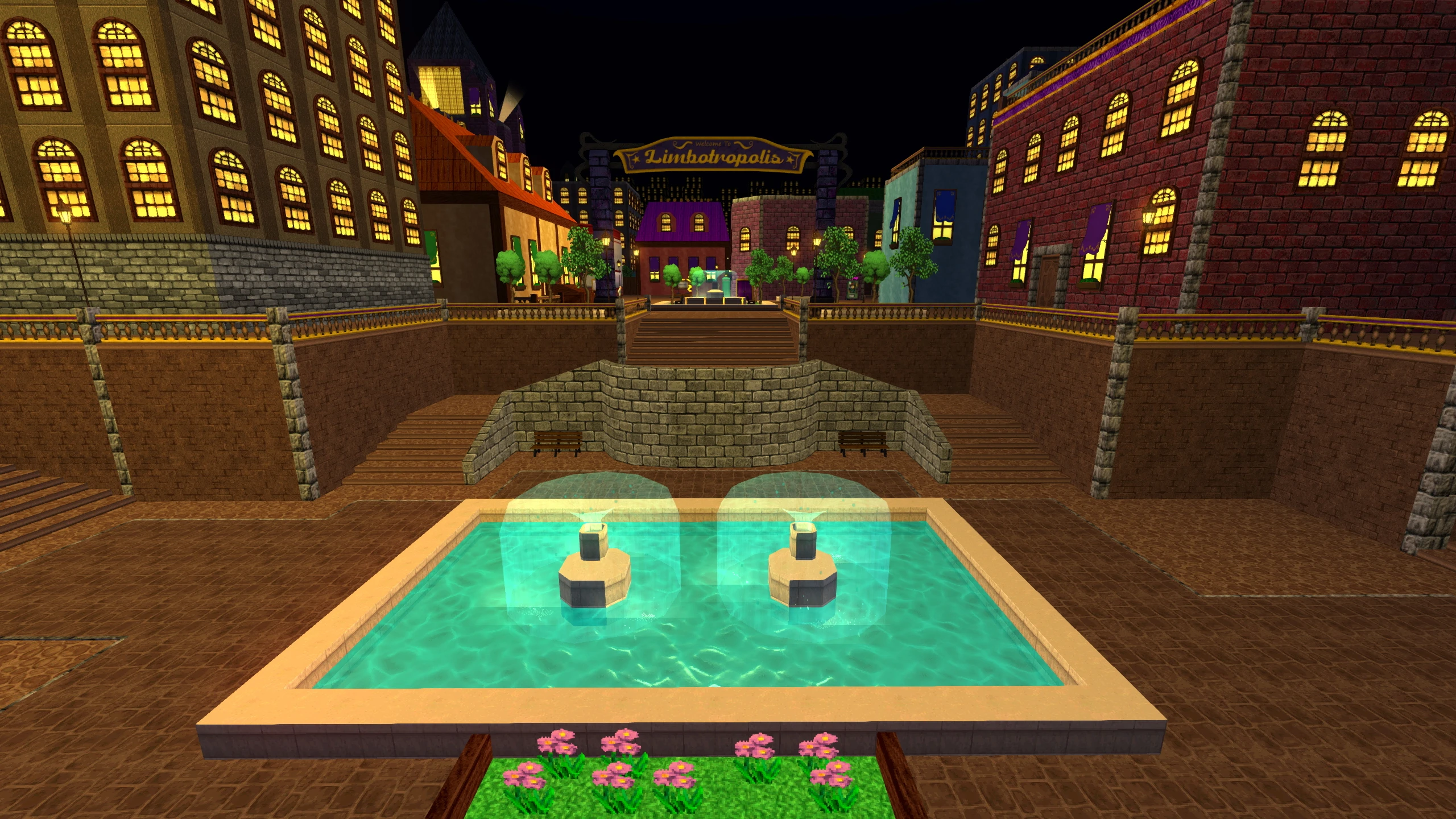 Blick auf einen nächtlichen Platz mit leuchtenden Wasserfontänen und beleuchteten Gebäuden im Doom The Golden Souls 3 Mod