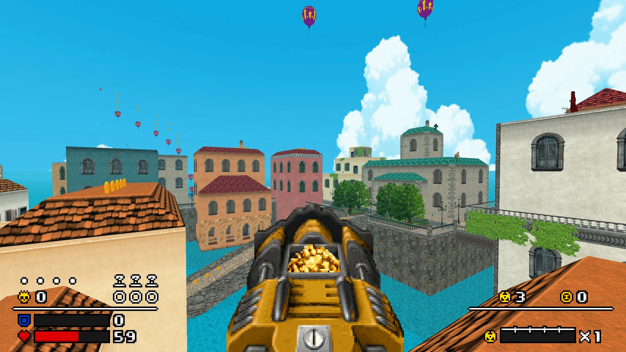 Erste-Person-Perspektive einer goldenen Waffe mit Blick auf eine lebendige mediterrane Küstenstadt mit Luftballons und Münzen