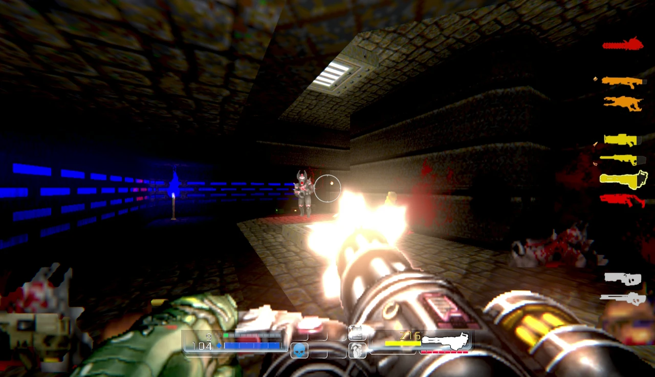 Jugador disparando un arma grande a un enemigo en un pasillo oscuro con luces azules en el mod Doom4 Death Foretold