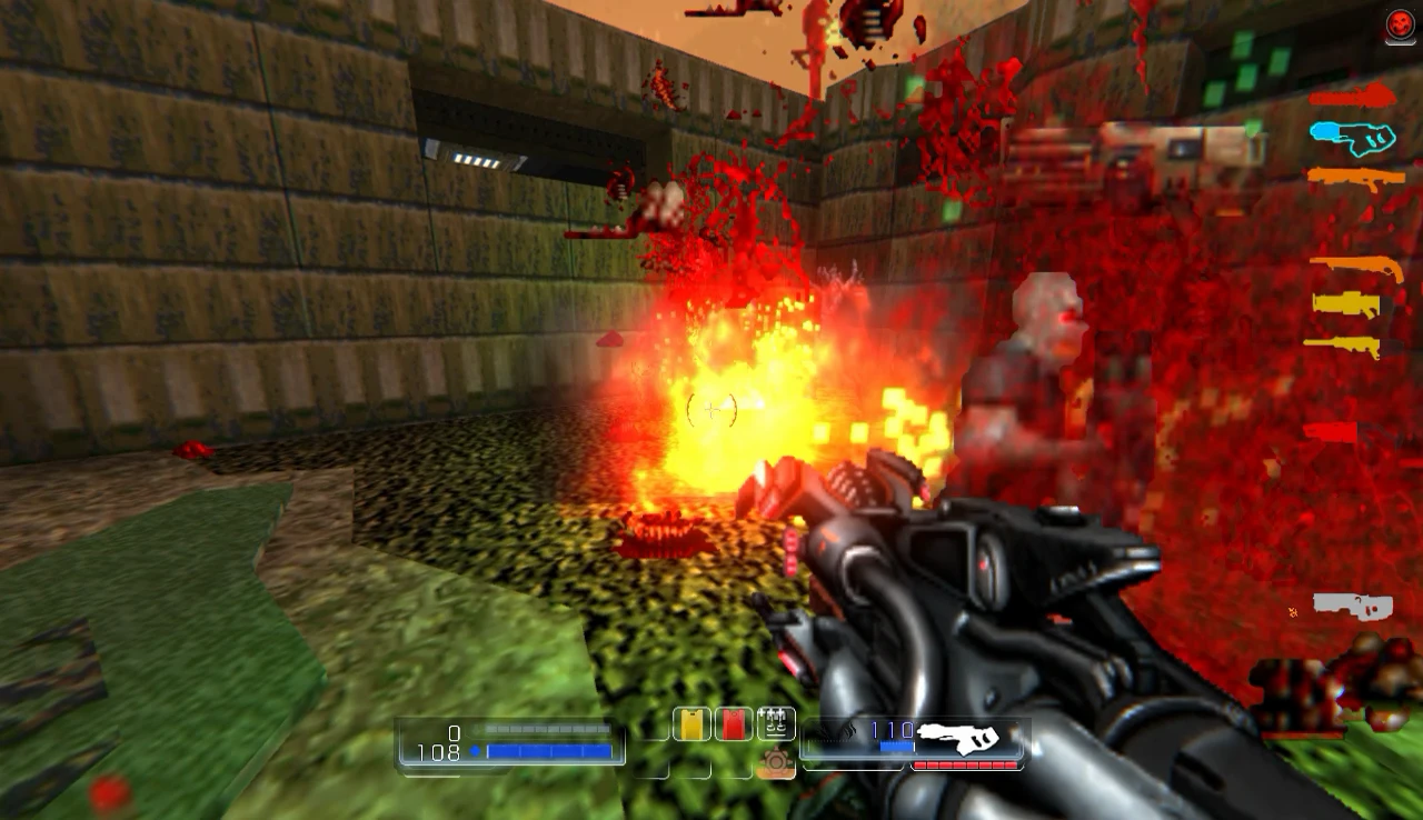 Vista en primera persona del jugador disparando con arma pesada en un pasillo con explosiones y salpicaduras de sangre