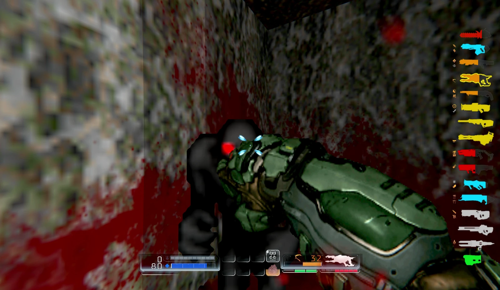 Vista en primera persona del jugador luchando contra un demonio con un arma futurista en un pasillo estrecho manchado de sangre