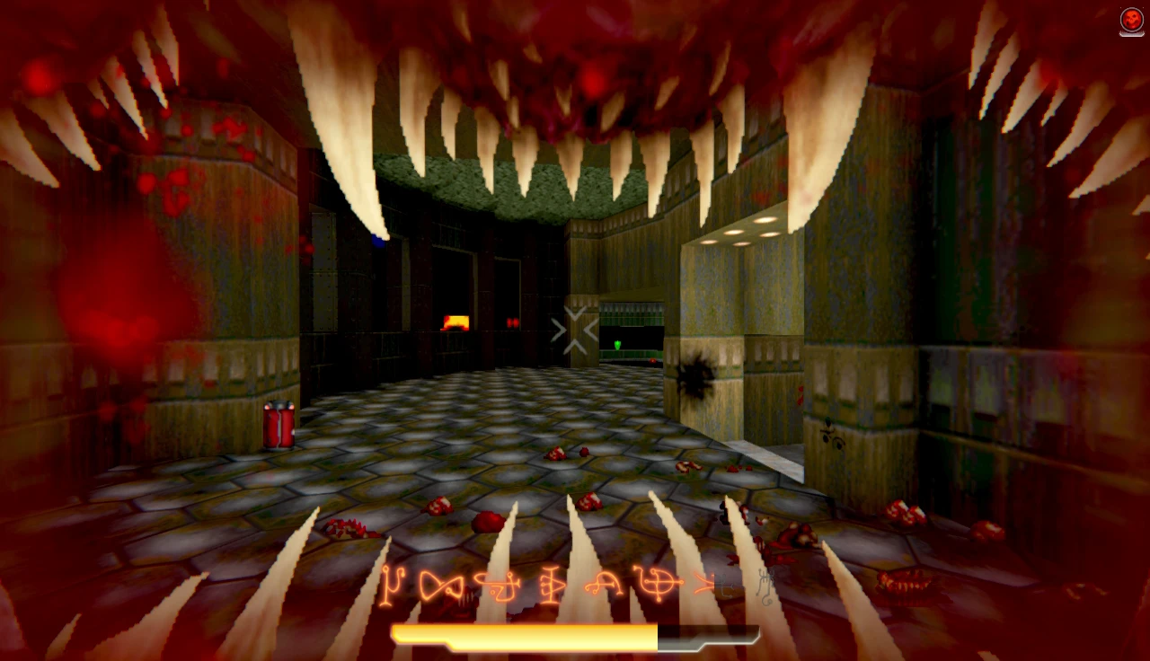 Vista de jugador muestra dientes afilados de monstruo con sangre y barra de salud durante combate en mod Doom4: Death Foretold