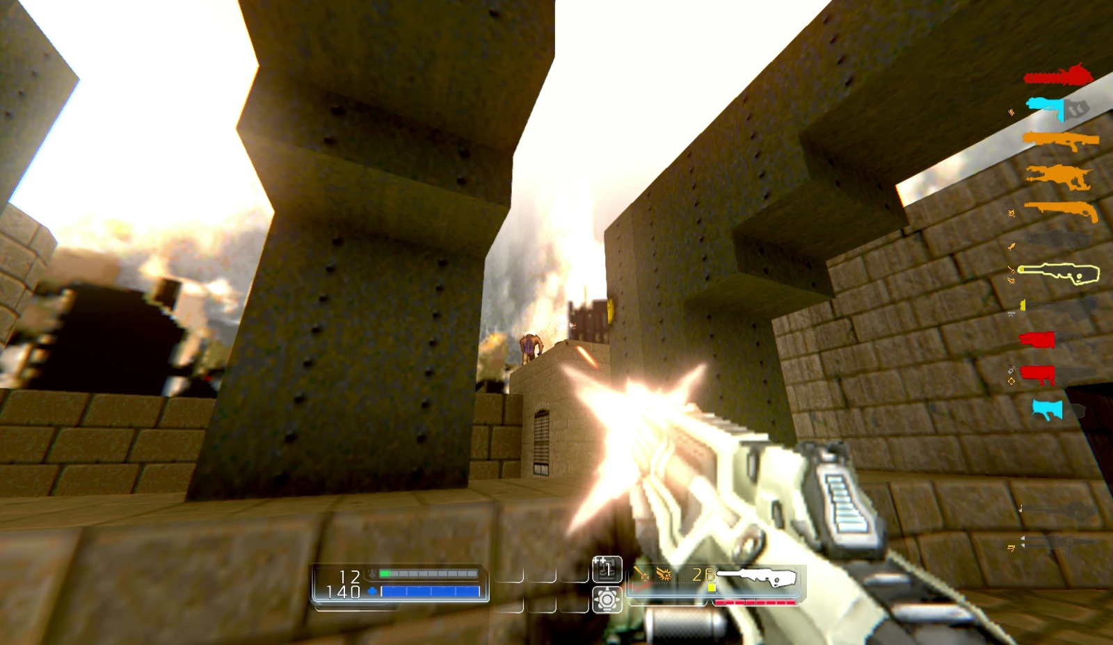Jugador disparando escopeta en área exterior pixelada con texturas retro de piedra en mod Doom4 Death Foretold