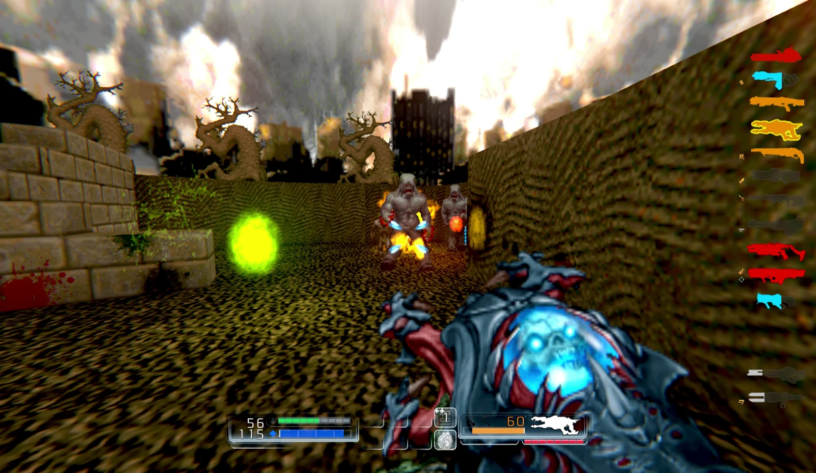 Jugador con arma futurista enfrentándose a dos monstruos en un entorno urbano ardiente en el mod Doom4 Death Foretold