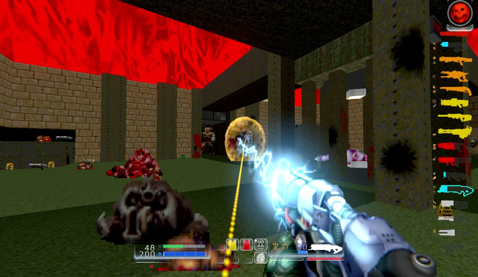 Jugador disparando un arma de energía a demonios en un entorno oscuro de ladrillo rojo y marrón en el mod Doom4 Death Foretold