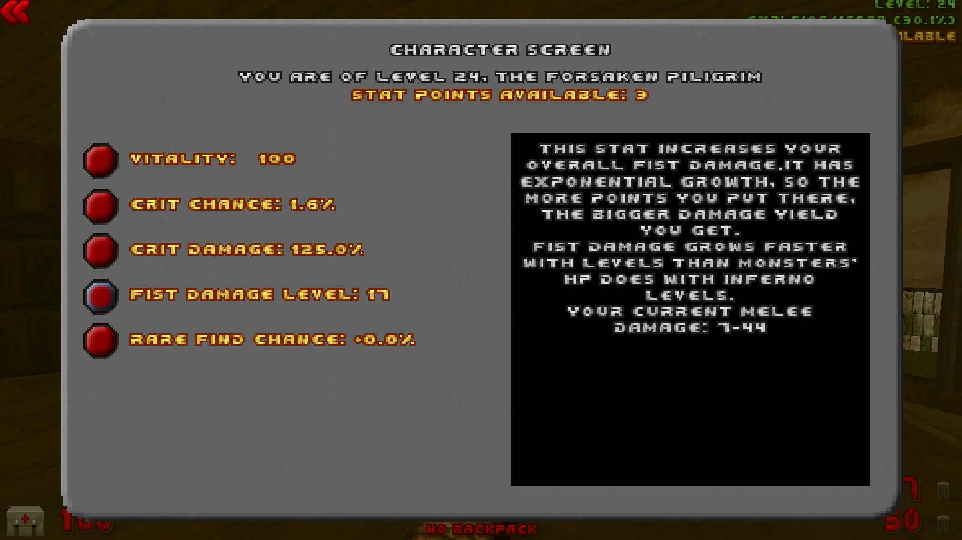 Doom II Doomablo mod screen displaying Forsaken Pilgrim character stats including vitality, crit chance, damage, and fist damage level
