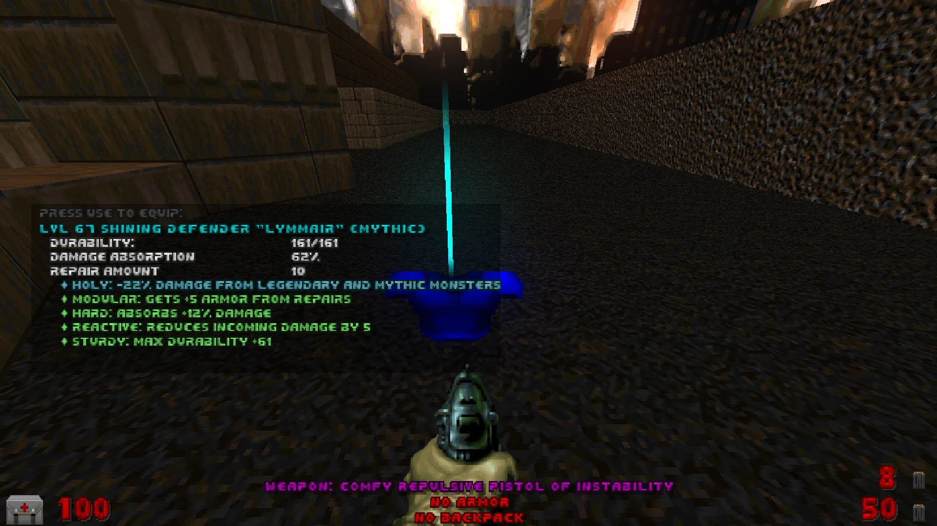 First-person view showing detailed stats of Level 67 Shining Defender mythic armor dropped in DOOMablo mod