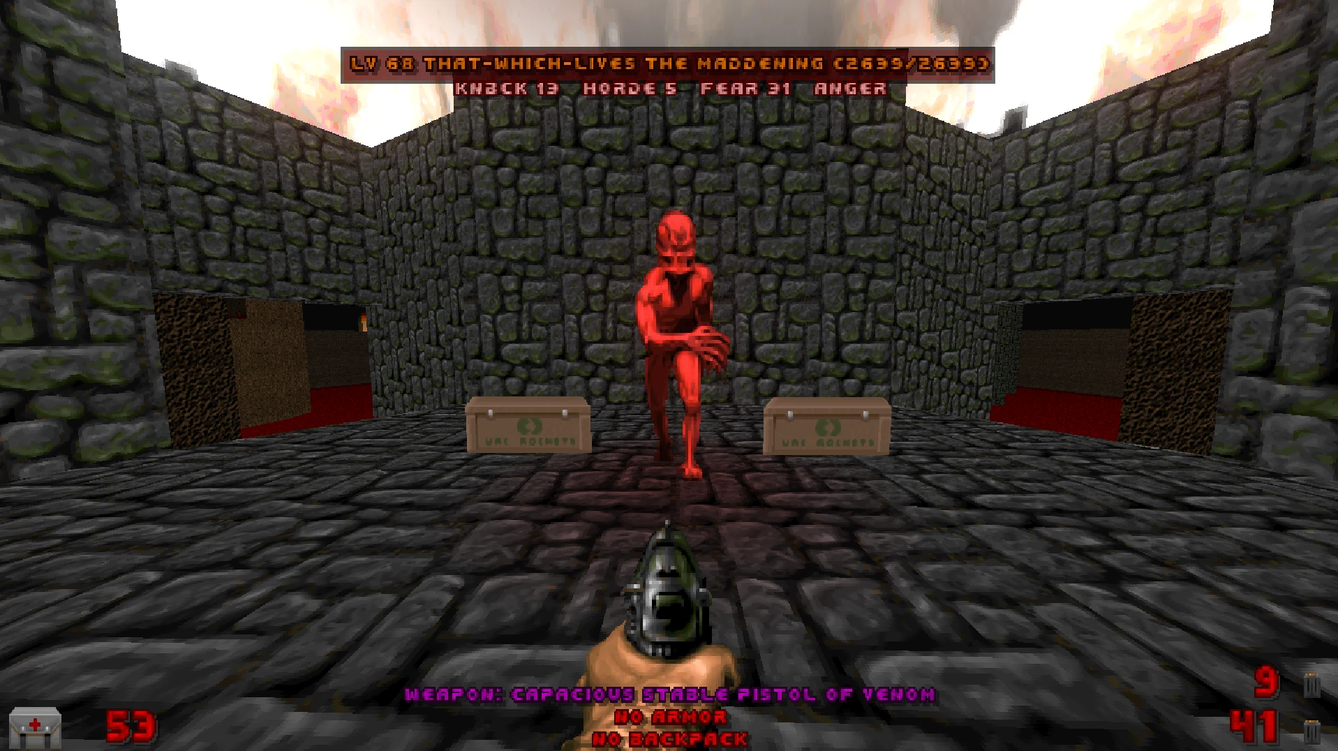 First-person view of a red demon boss named That-Which-Lives the Maddening in Doom II mod DOOMablo
