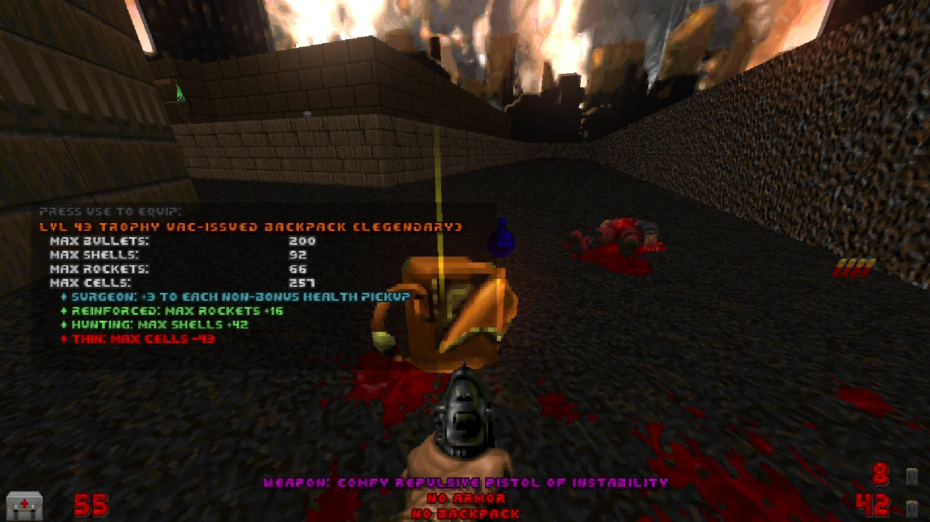 View of a player character holding a pistol with HUD displaying a legendary backpack item and ammo stats in DOOMablo mod