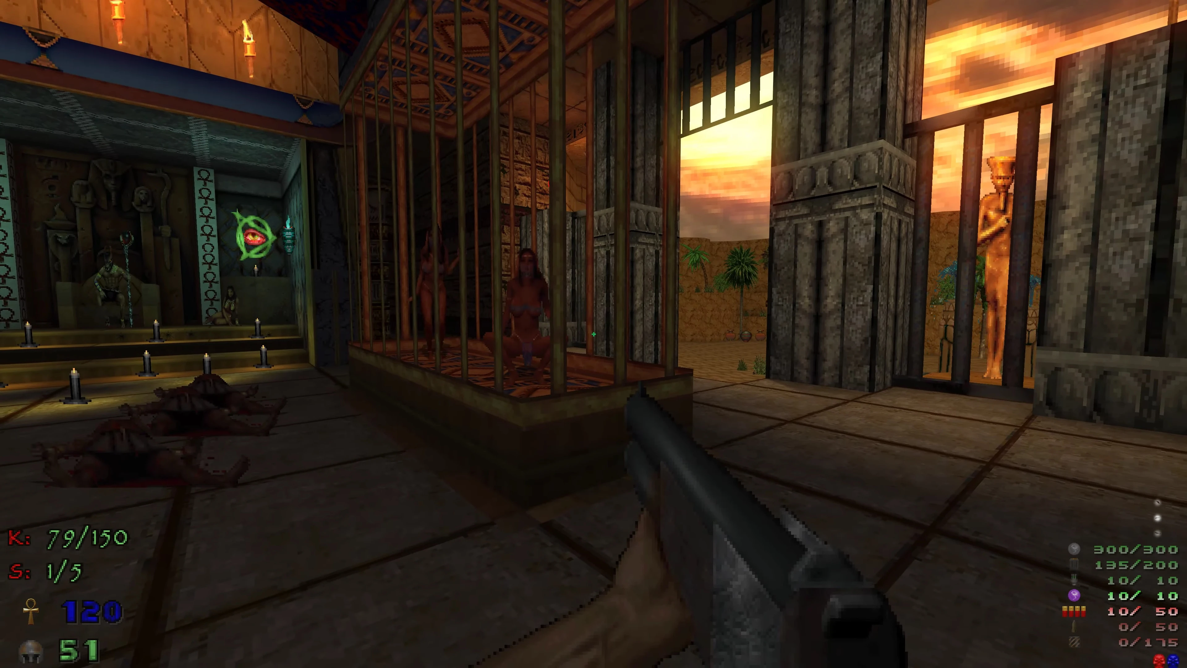 First-person view of a shotgun aimed in an ancient Egyptian style dungeon with caged prisoners and ceremonial statues in DoomExhumed mod