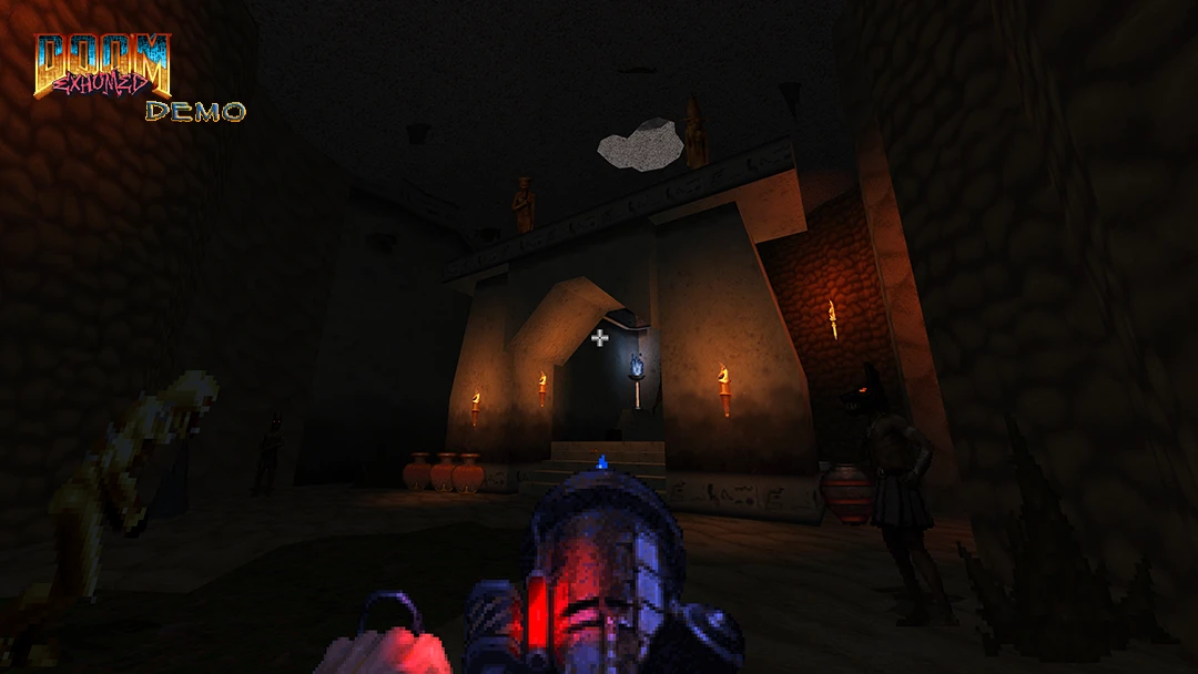 In-game screenshot showing a dark temple interior with torches, statues, and a glowing artifact in DoomExhumed mod for Doom II