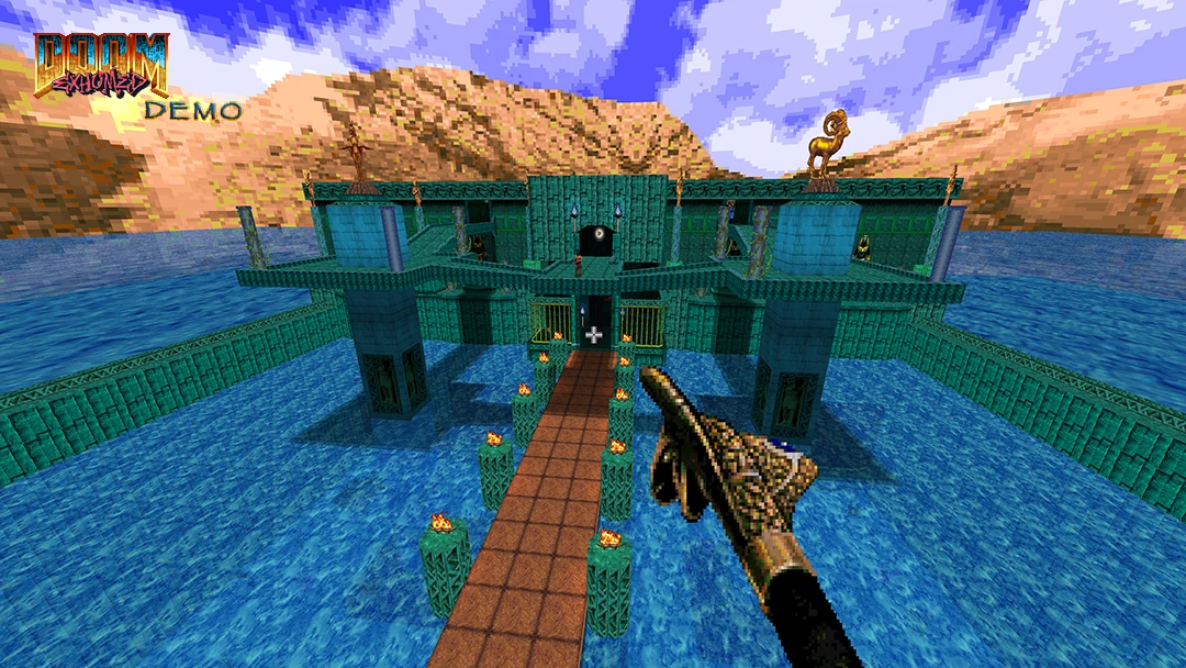 First-person view of DoomExhumed mod in Doom II showing a player near a green ancient water temple surrounded by blue water