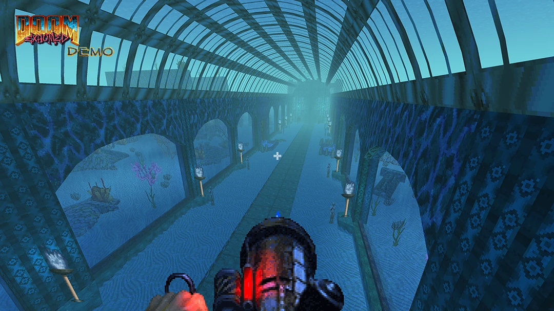 First-person view of underwater corridor with glass ceiling and blue-lit walls in DoomExhumed demo mod