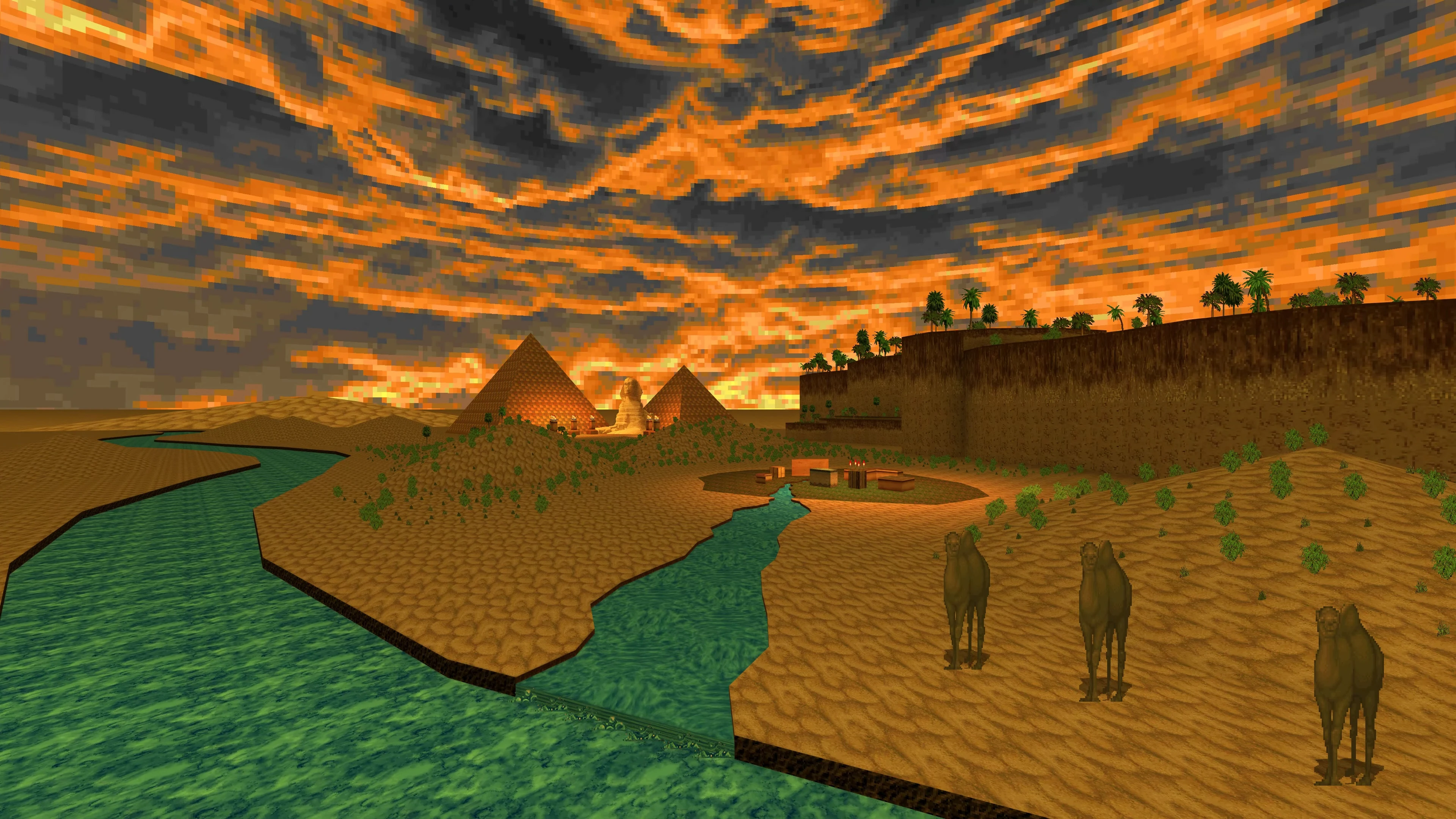 Pixelated desert scene featuring pyramids, sphinx statue, camels near a river under fiery sky in DoomExhumed