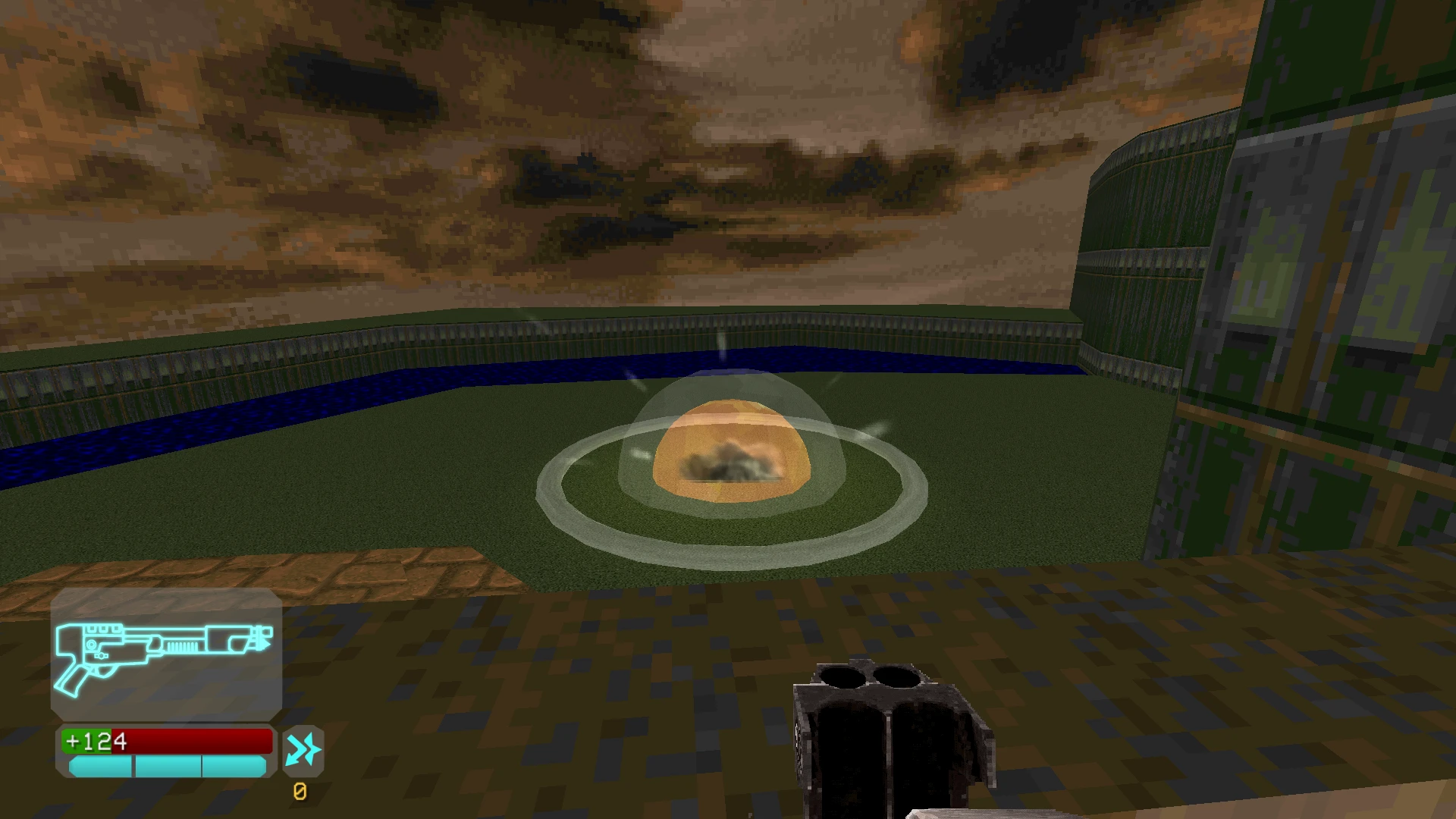 First-person view of shielded power-up on a green field with a dark sky in Doom II UltraHell mod