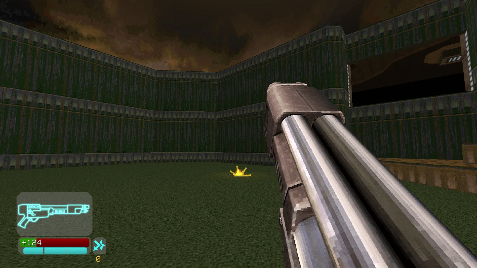 First-person view of a double-barrel shotgun in a dark green walled arena with a yellow item on the floor
