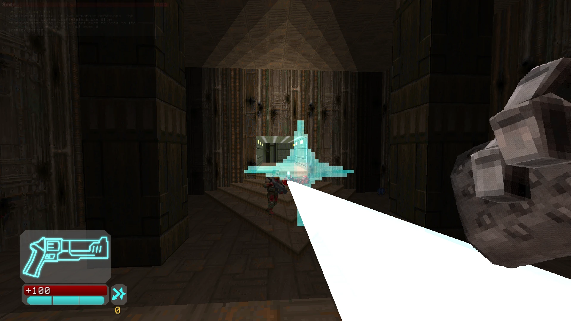 First-person view shooting a futuristic weapon at a target in a dark, industrial room from Doom II UltraHell mod