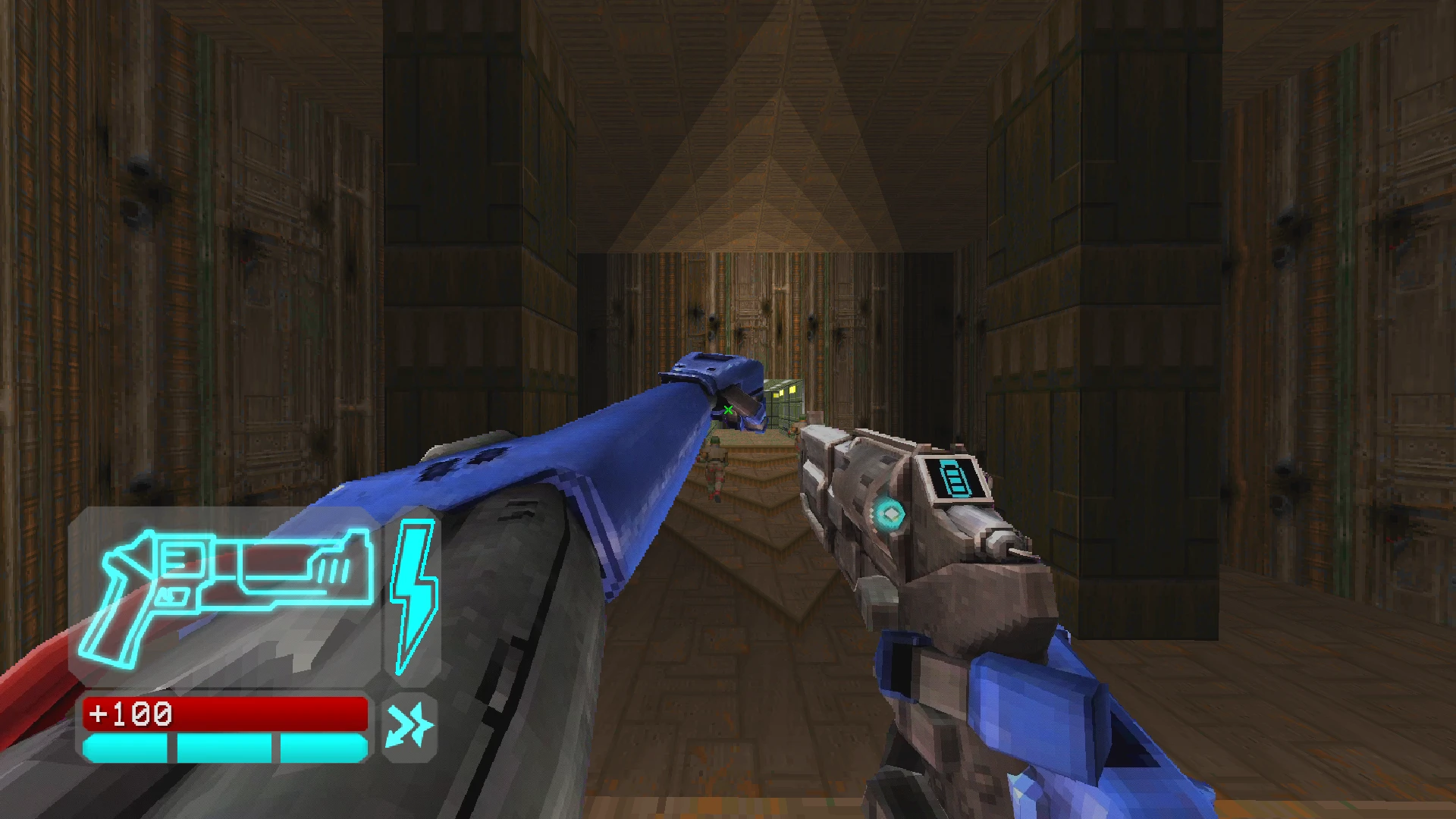 In-game screenshot showing first-person view with blue futuristic arms holding a pistol in a brown metal-walled corridor