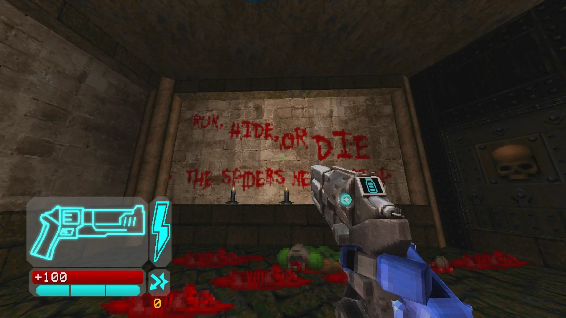 First-person view in Doom II UltraHell mod showing futuristic gun and bloody warning on wall