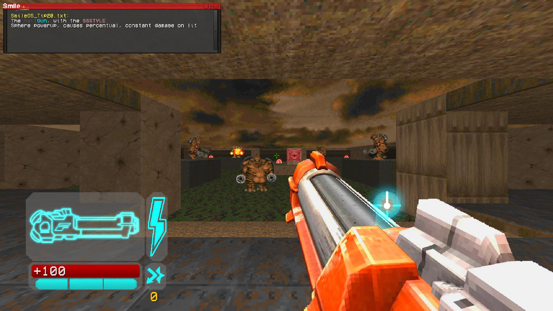 First-person view showing futuristic gun and enemies in Doom II UltraHell mod with HUD and health bar