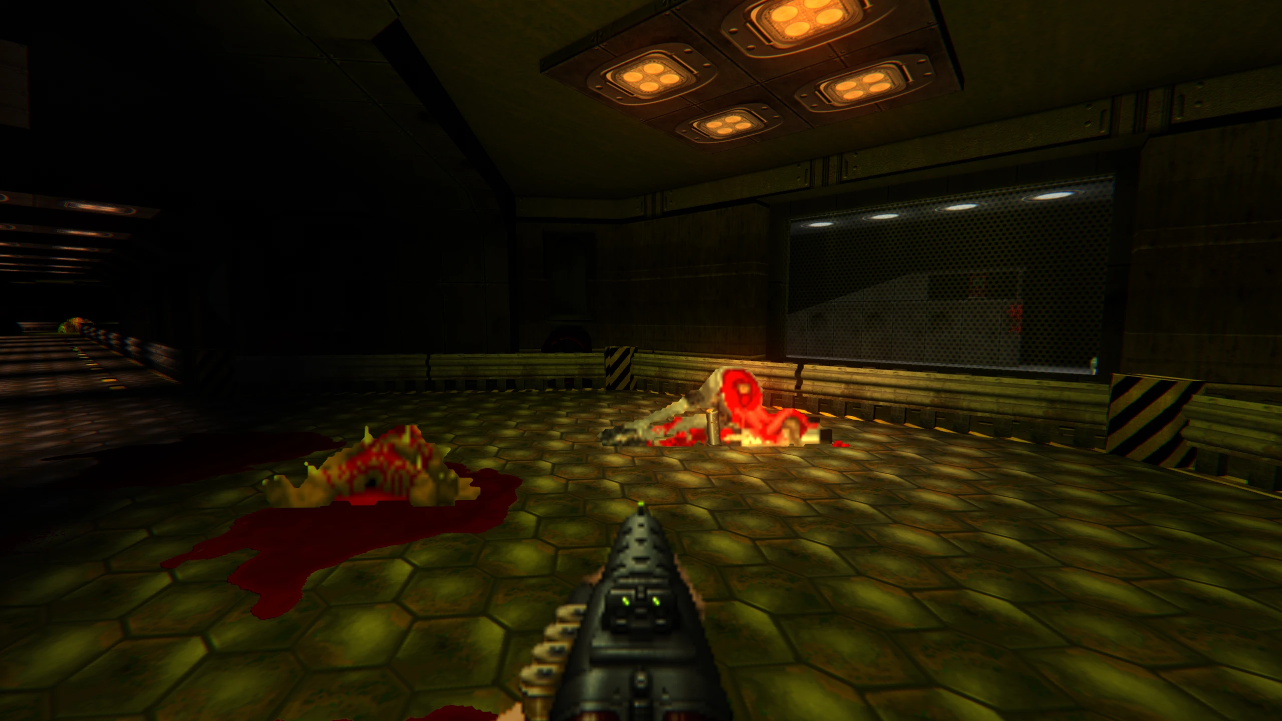 Erste-Person-Blick mit Schrotflinte auf blutige Überreste in einem schwach beleuchteten Sci-Fi-Korridor aus Doom II Mod Dragon Sector The Remake